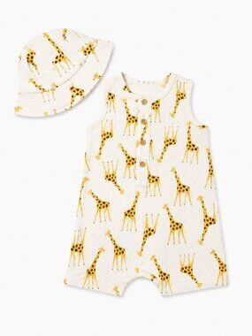 NWT Baby Essentials Baby Boy Gauze Romper & Hat Set 18M Giraffe Print Safari